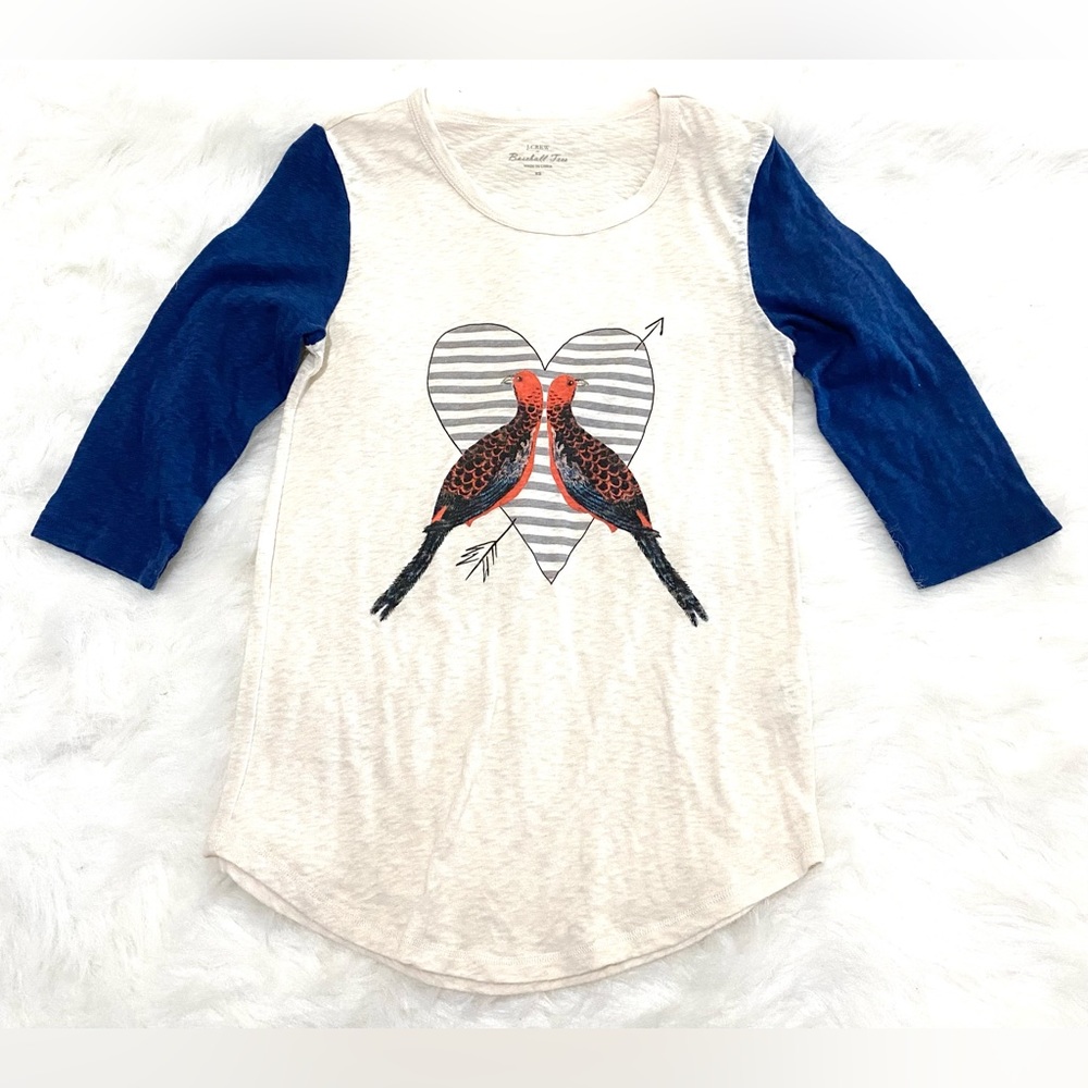 J Crew Womens XS Blue Ivory Lovebirds Baseball Tee Boho Preppy Y2K Lightweight - Picture 2 of 11